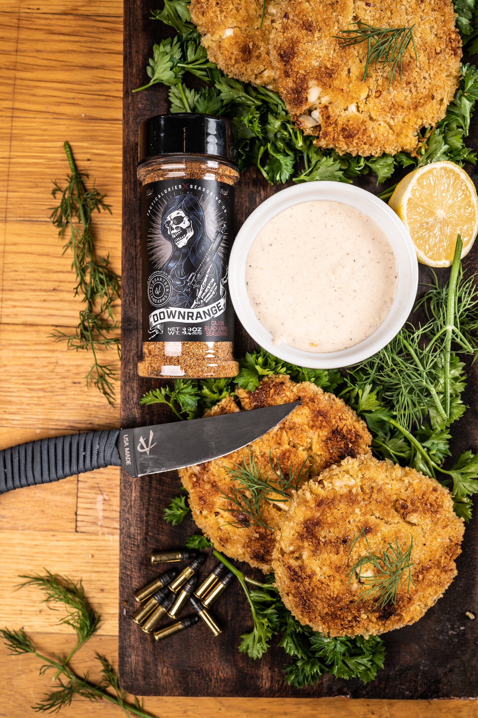 DOWN RANGE Cajun Crab Cakes with Remoulade
